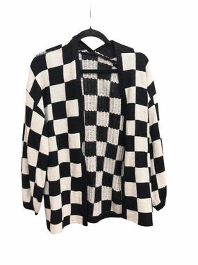 Black & White Checkered Open-Front Women's Sweater
